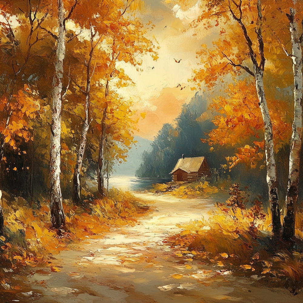 Wald Fotohintergrund Nebliges Seeufer Cottage Herbst Fotohintergrund CSH6-199