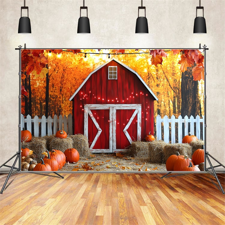 Rote Scheune Backdrop Weißer Zaun Ernte Herbst Fotohintergrund CSH6-203