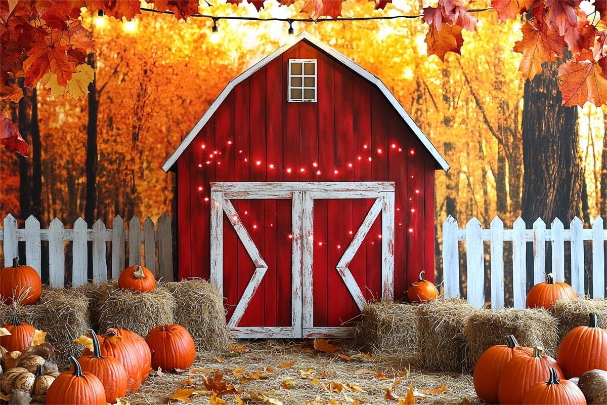 Rote Scheune Backdrop Weißer Zaun Ernte Herbst Fotohintergrund CSH6-203