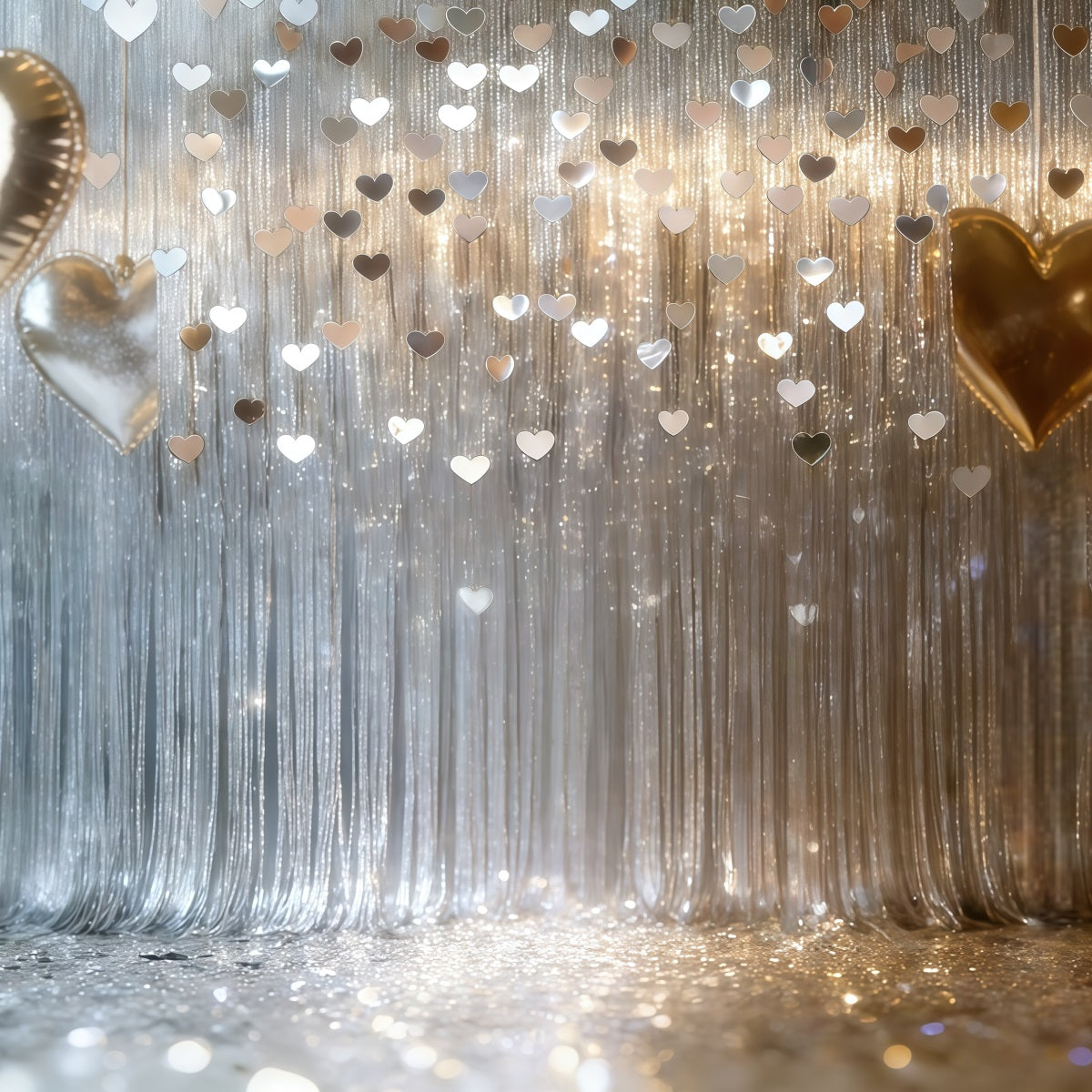 Glitzer-Valentinstag-Hintergrund Silberner Herz-Fransenvorhang Valentinstag-Hintergründe CSH61-103