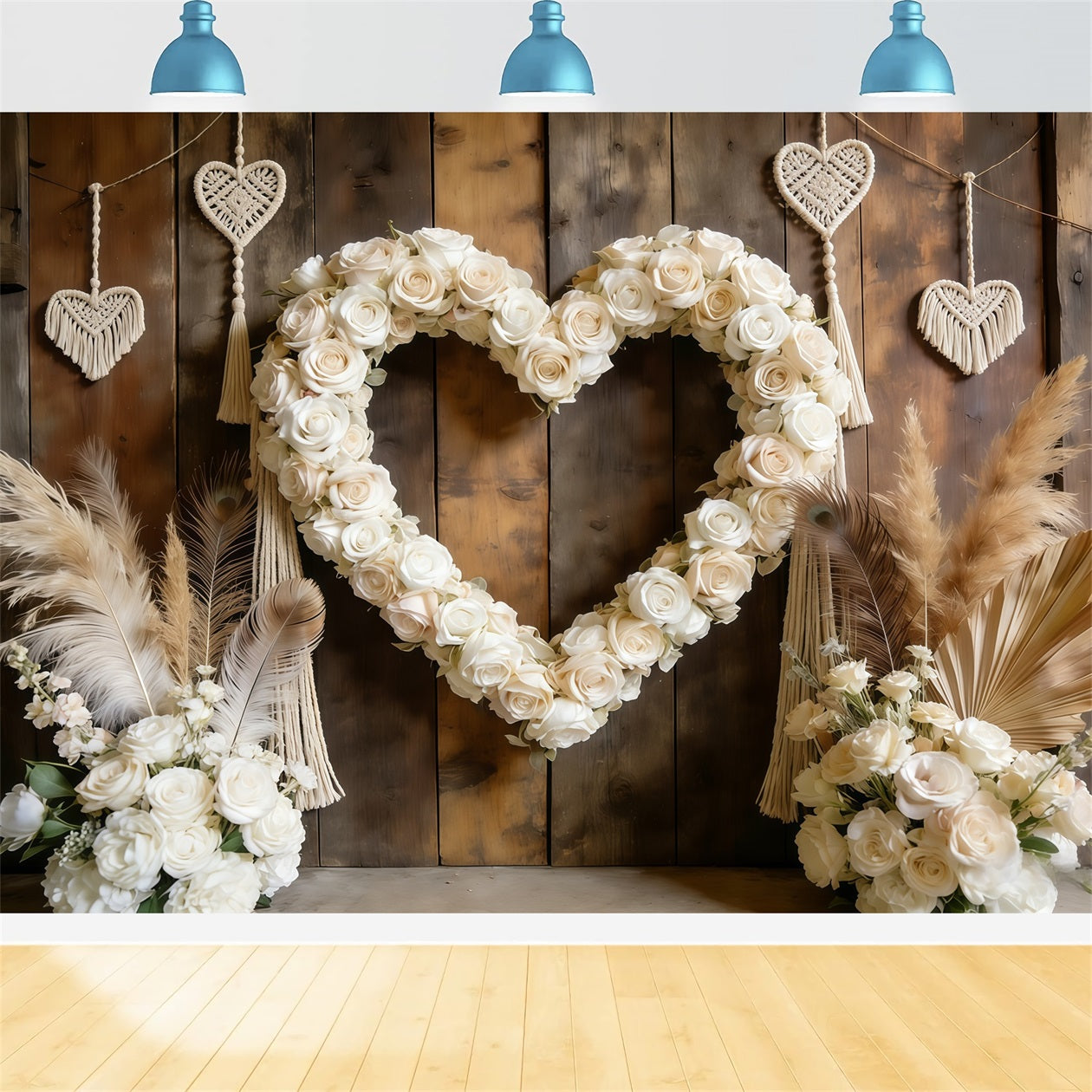 Boho-Blumen-Valentinstag-Hintergrund Weißer Rosen-Herz-Bogen Valentinstag-Hintergrund CSH61-108