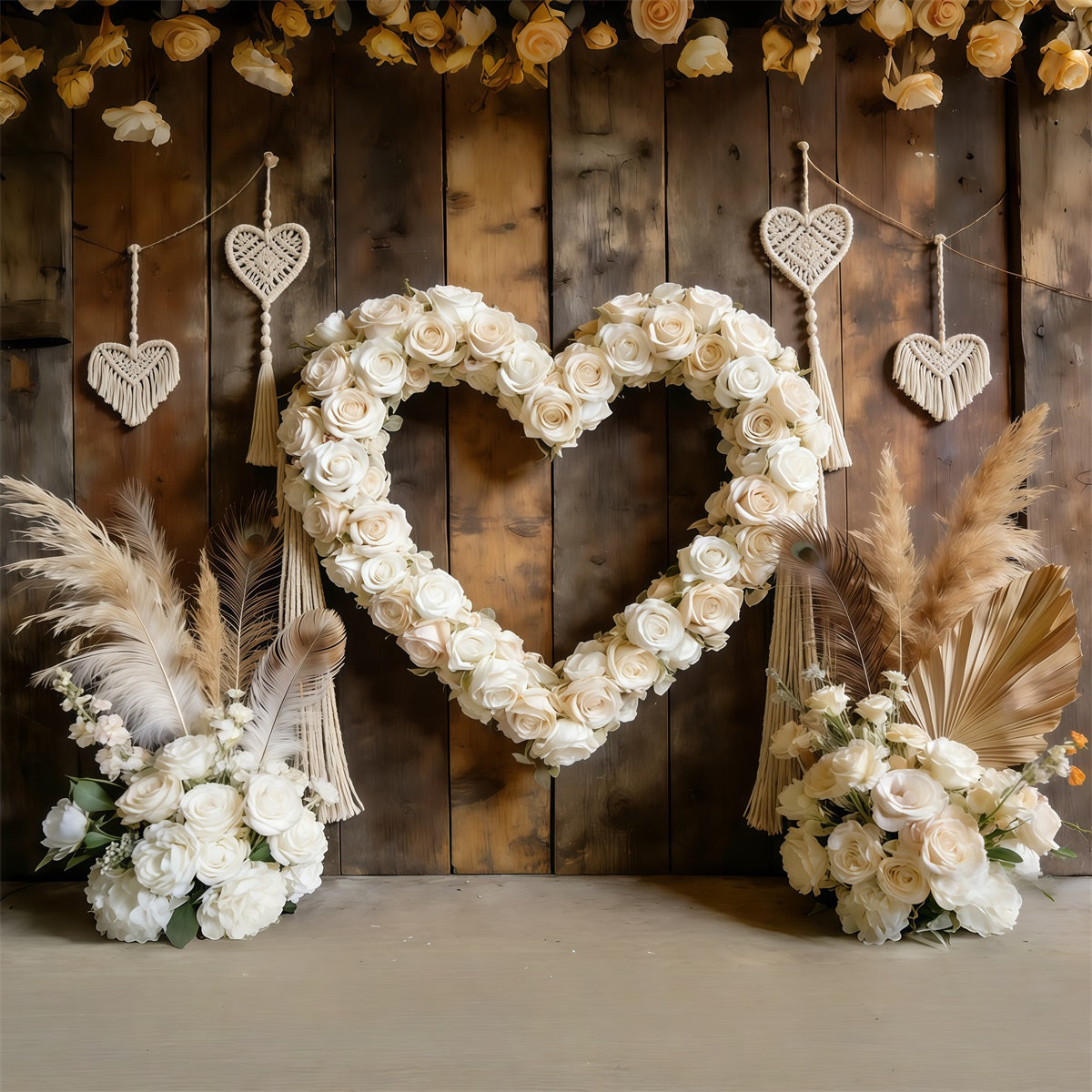 Boho-Blumen-Valentinstag-Hintergrund Weißer Rosen-Herz-Bogen Valentinstag-Hintergrund CSH61-108