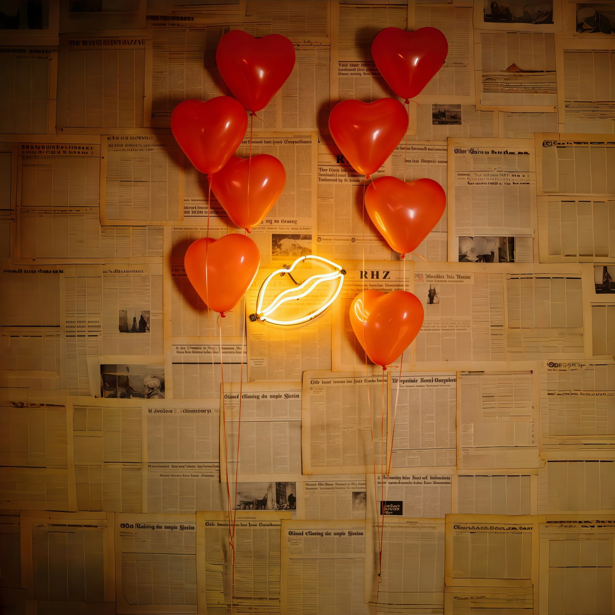 Zeitungs-Valentinstag-Hintergrund Herzballons Neon-Lippen Valentinstag-Hintergrund-Ideen CSH61-109