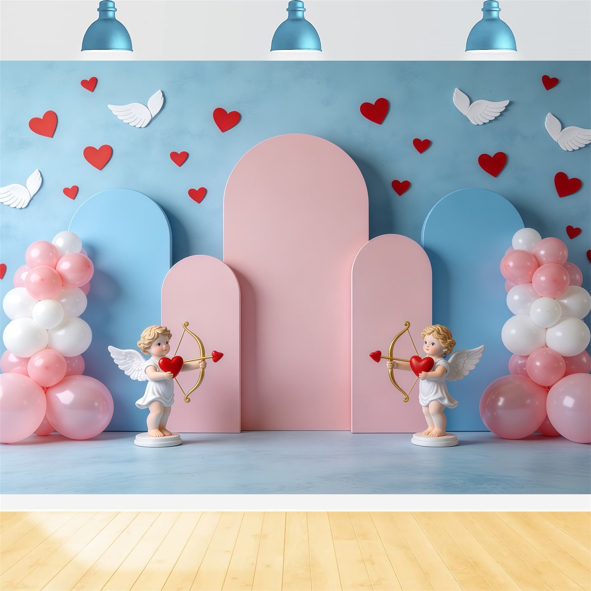 Cupido-Valentinstag-Hintergrund Pastellfarbene Ballonbögen Valentinstag-Hintergründe für Fotos CSH61-111