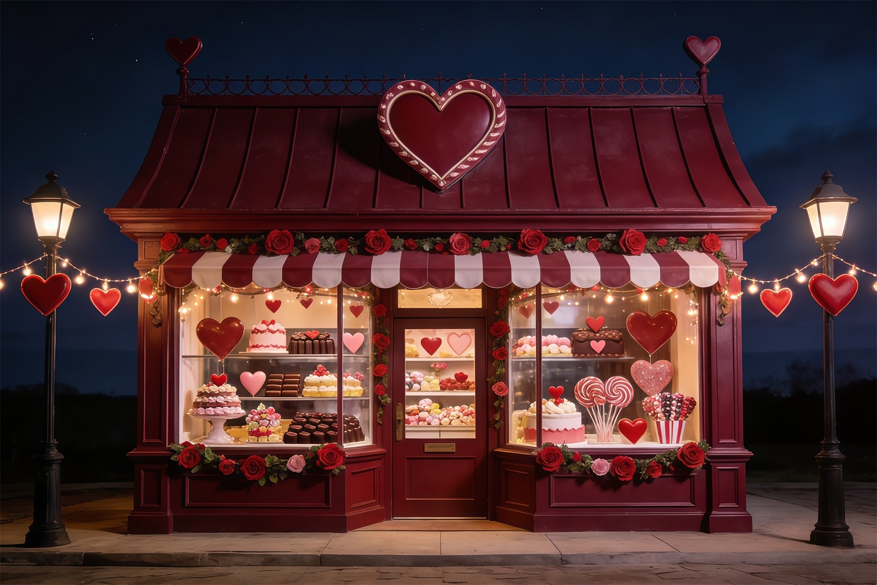 Süßwarenladen-Hintergrund zum Valentinstag Sweetheart Dessert Window Foto-Hintergrund zum Valentinstag CSH61-116