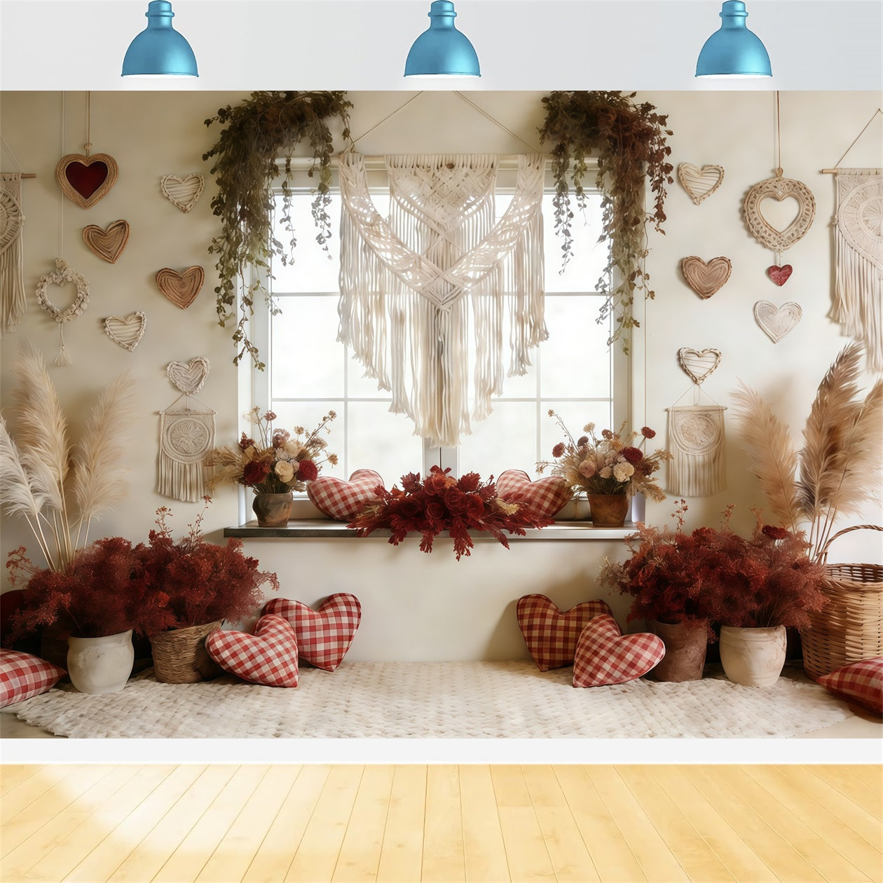 Boho-Blumen-Hintergrund zum Valentinstag Makramee-Herz-Fenster-Hintergrund zum Valentinstag für Fotos CSH61-117
