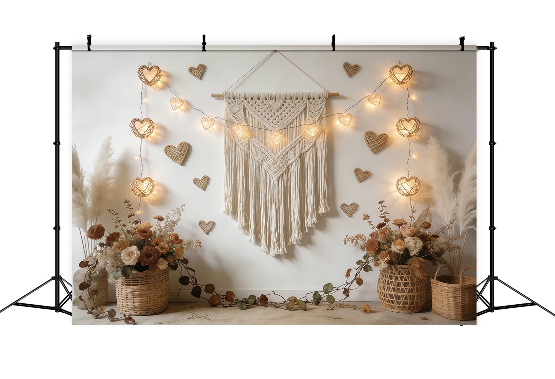 Boho-Blumen-Hintergrund zum Valentinstag Makramee-Herzgirlande Valentinstag-Hintergrund für Fotos CSH61-118