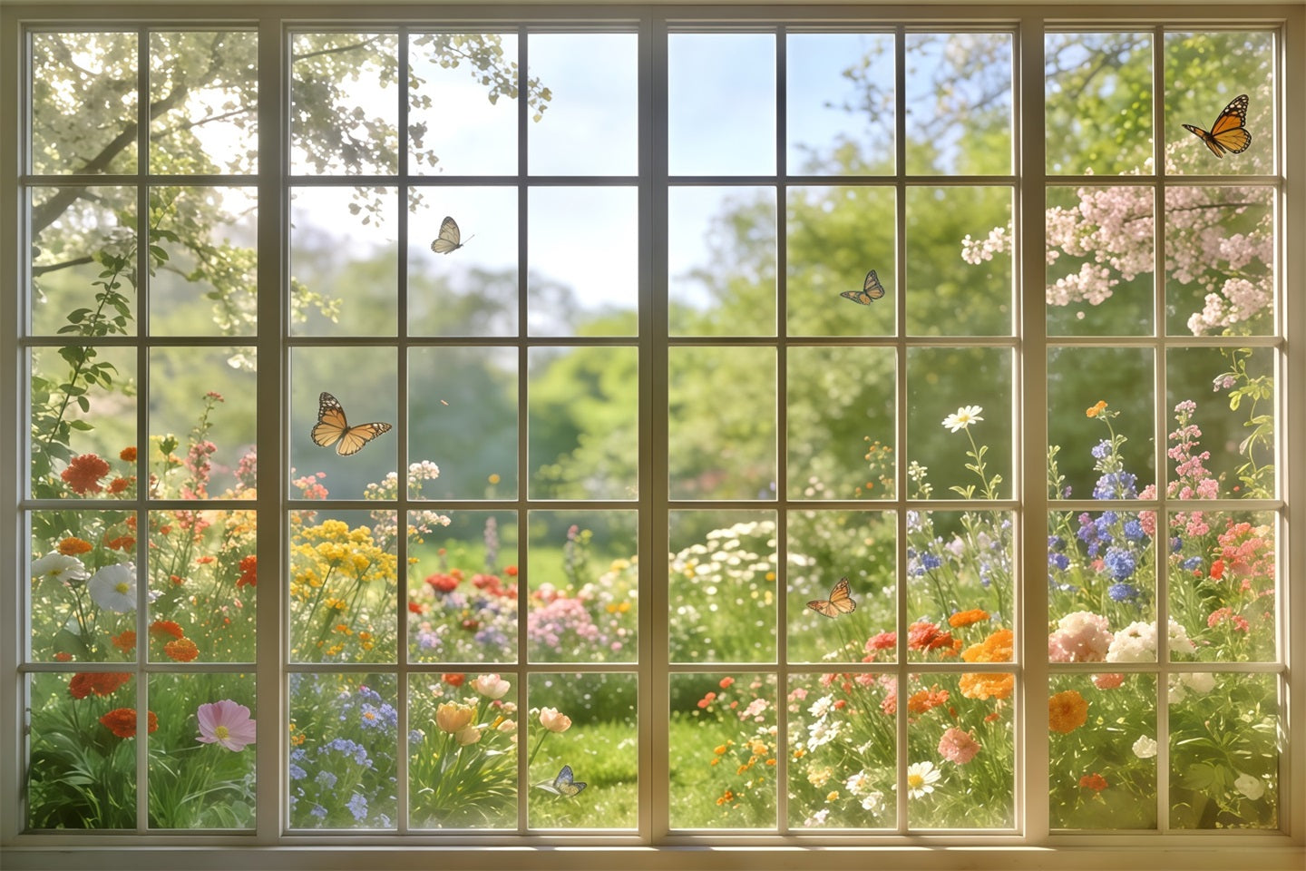 Frühlingsgarten-Hintergrund Sonnenbeschienenes Fenster Schmetterlingsblick-Hintergründe Blumen CSH61-124