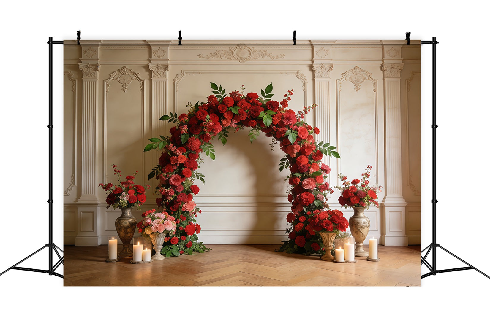 Ideen für Wildblumen-Kulissen Eleganter roter Rosenbogen Pastellfarbene Blumenkulisse CSH61-128