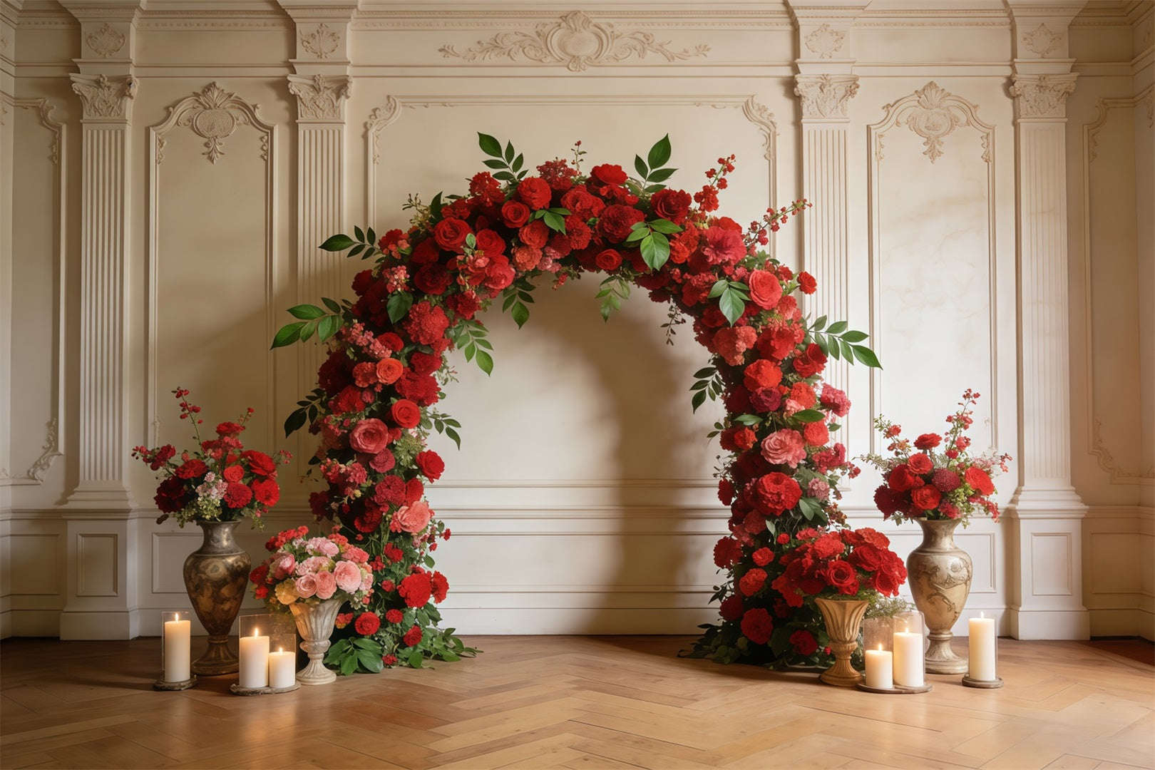 Ideen für Wildblumen-Kulissen Eleganter roter Rosenbogen Pastellfarbene Blumenkulisse CSH61-128