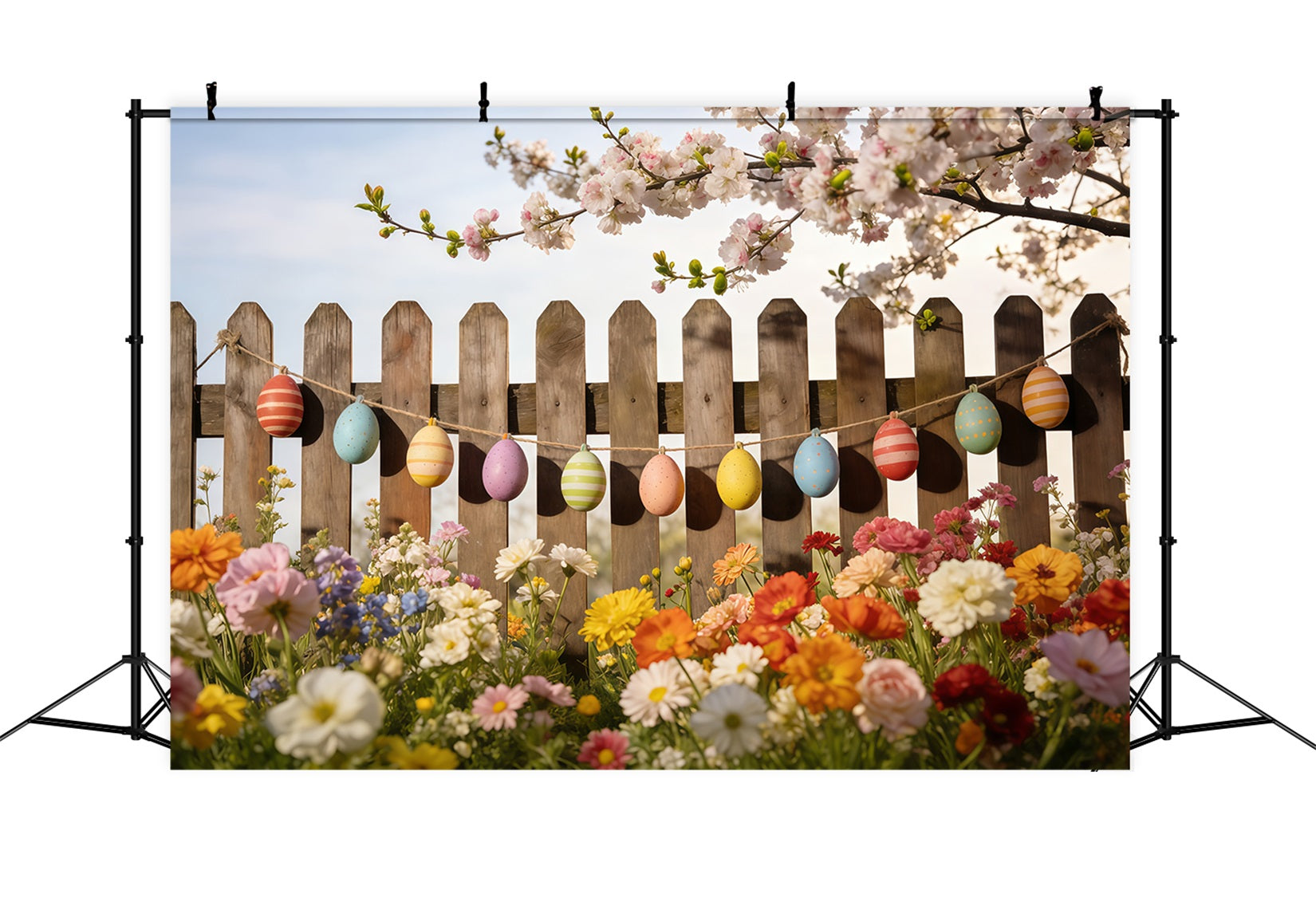 Frühlings-Osterhintergrund Bemalte Eier Gartenzaun Frühlings-Fotokabinenhintergrund CSH61-131
