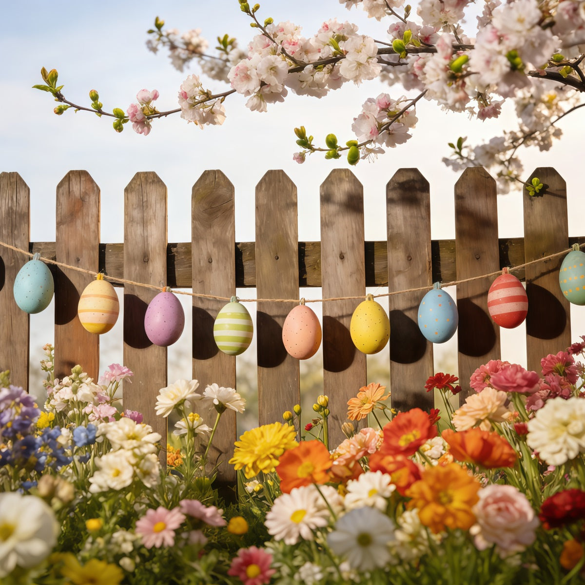 Frühlings-Osterhintergrund Bemalte Eier Gartenzaun Frühlings-Fotokabinenhintergrund CSH61-131