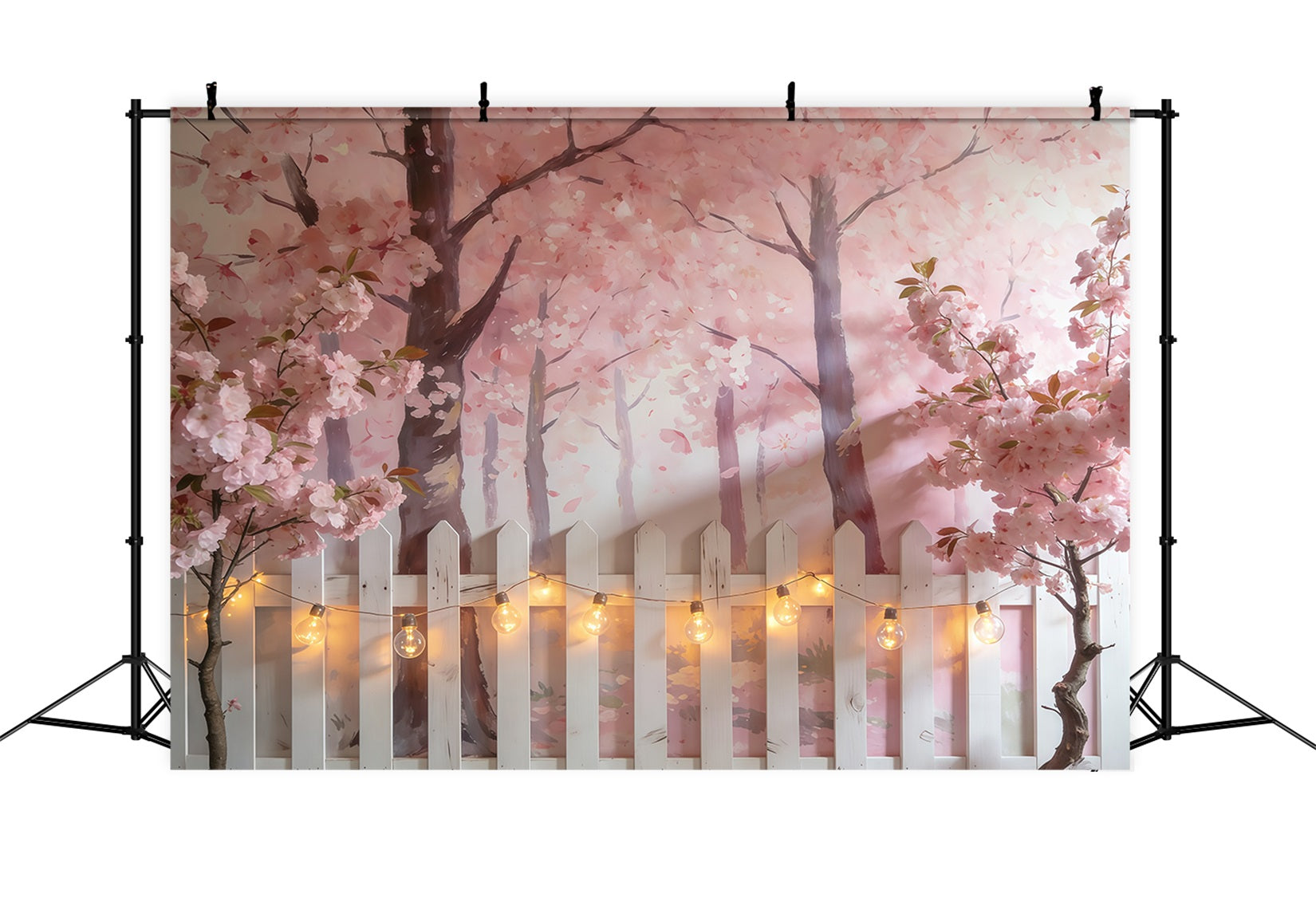 Kirschblüten-Hintergrund Rosa Blütenbäume Weißer Zaun Fotografie Frühlingshintergrund CSH61-139