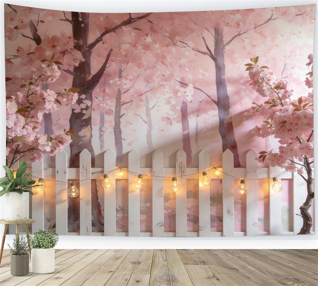 Kirschblüten-Hintergrund Rosa Blütenbäume Weißer Zaun Fotografie Frühlingshintergrund CSH61-139