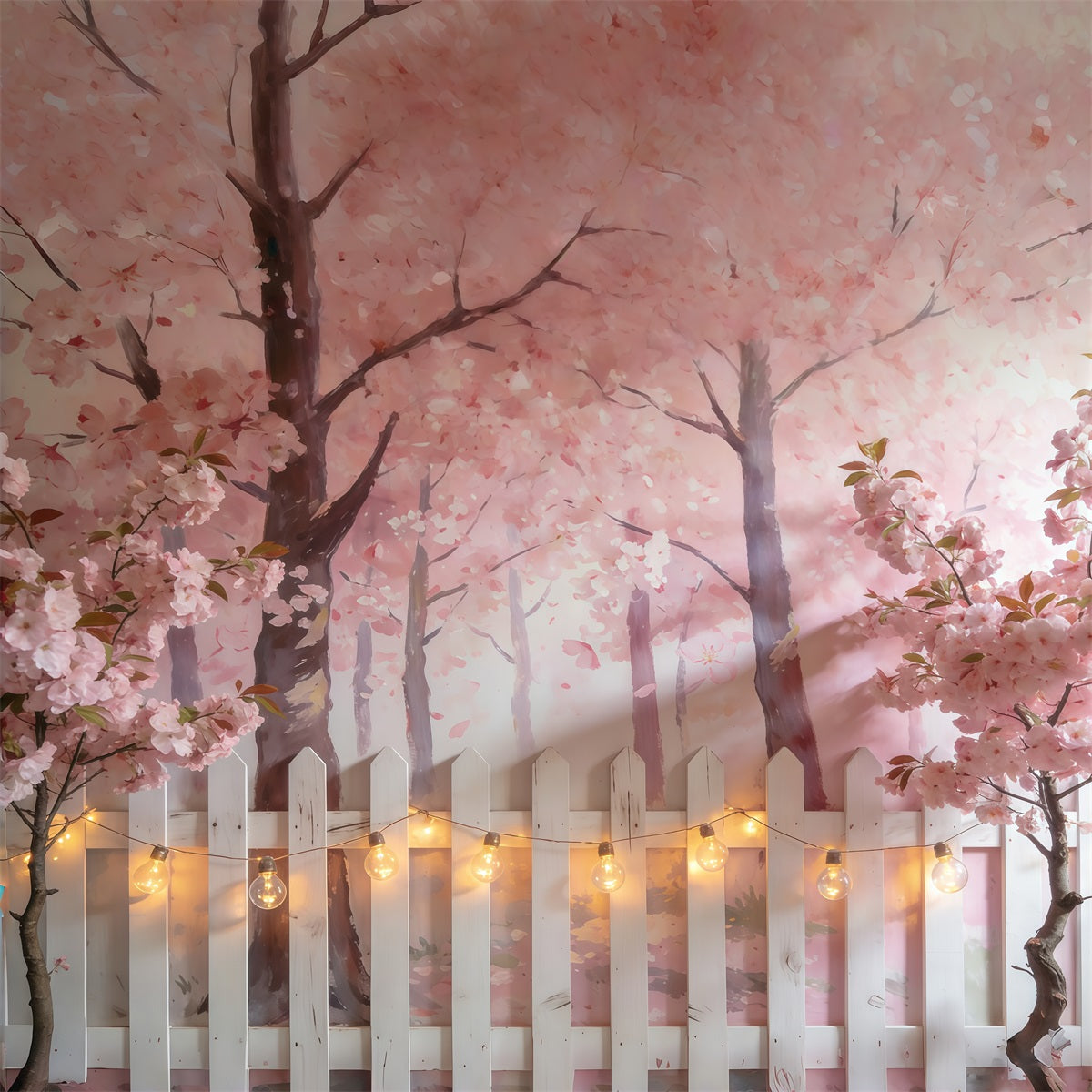 Kirschblüten-Hintergrund Rosa Blütenbäume Weißer Zaun Fotografie Frühlingshintergrund CSH61-139