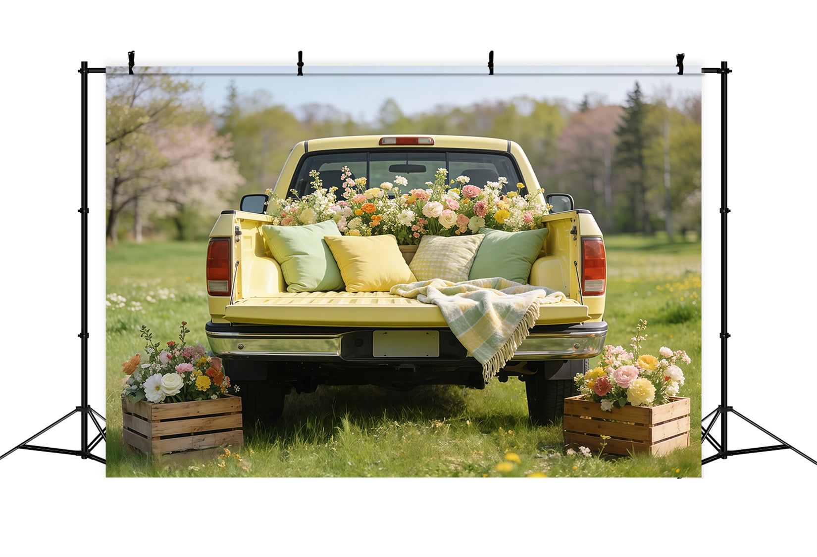 Ideen für Picknick-Hintergründe Vintage Gelber Lastwagen Blüten Günstige Frühlingsfotografie-Hintergründe CSH61-146