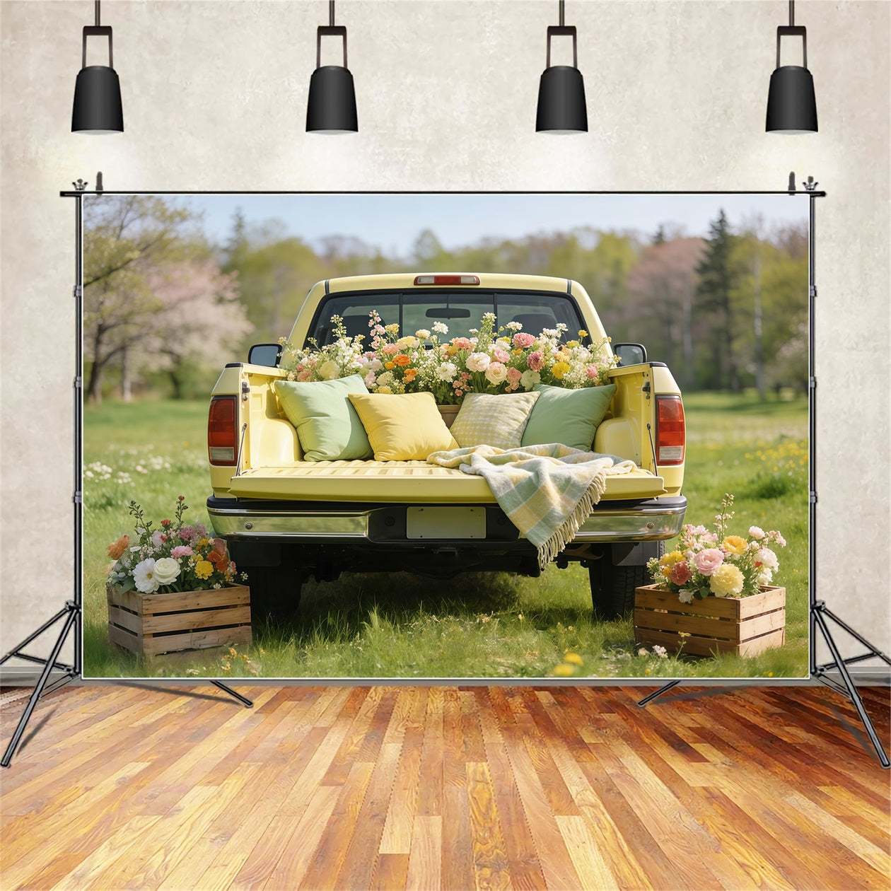 Ideen für Picknick-Hintergründe Vintage Gelber Lastwagen Blüten Günstige Frühlingsfotografie-Hintergründe CSH61-146