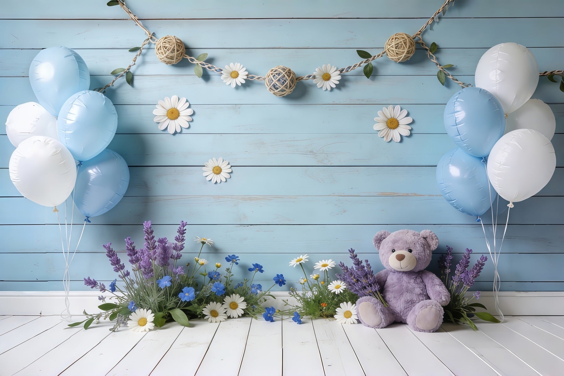 Gänseblümchen-Blumenhintergrund Blaue Holzwand Ballon Teddy Blumenhintergrund für Fotos CSH61-150