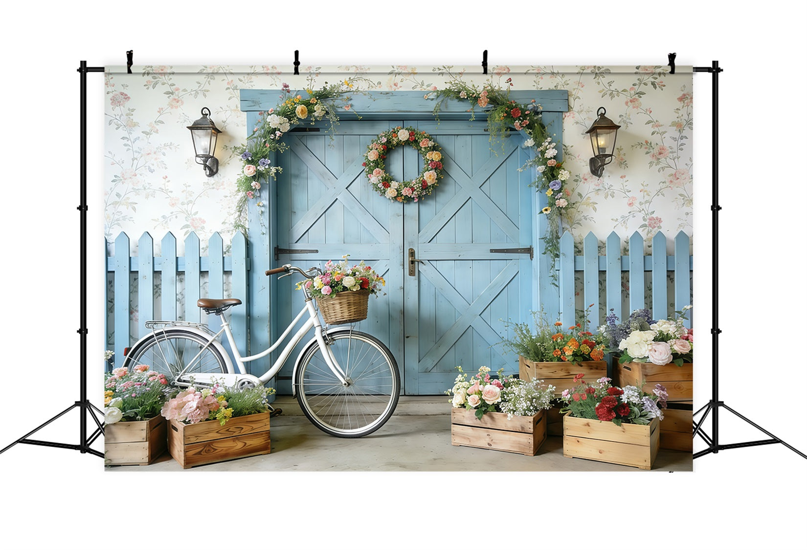 Fahrrad-Hintergrund Blaue Scheunentür Fahrrad Blüten Frühlingshintergründe CSH61-152