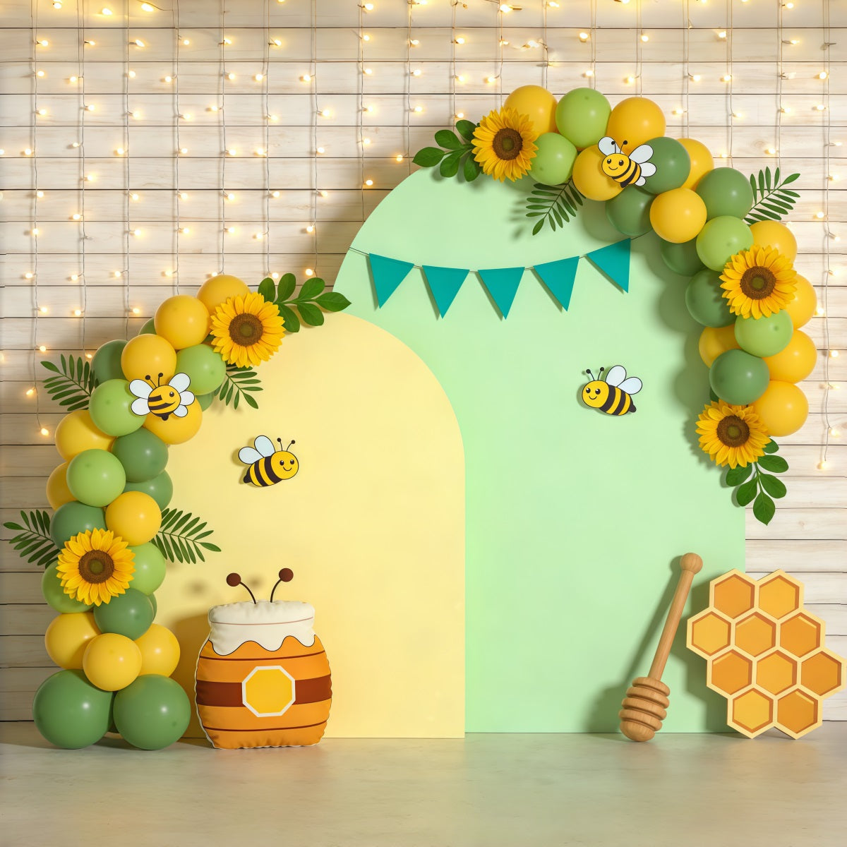 Frühlingsgeburtstag Hintergrund Biene Honig Ballonbogen Frühlingshintergründe für Fotografie CSH61-153