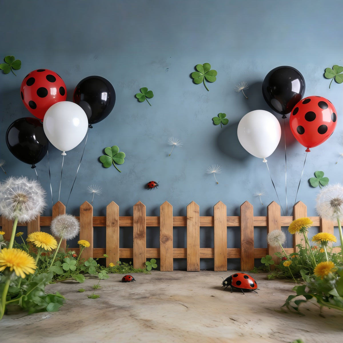 Marienkäfer-Hintergründe Klee-Ballon-Zaun Löwenzahn-Frühlingshintergrund-Ideen CSH61-156