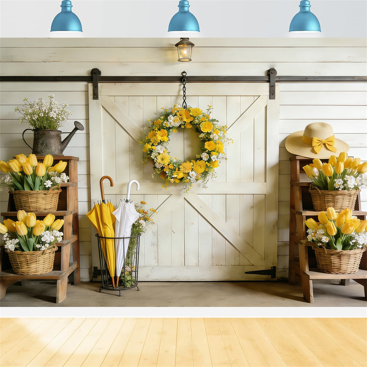 Frühlingshintergrund mit Scheunentor, gelben Tulpen und Scheunentor, Ideen für Frühlingsfotohintergründe CSH61-163
