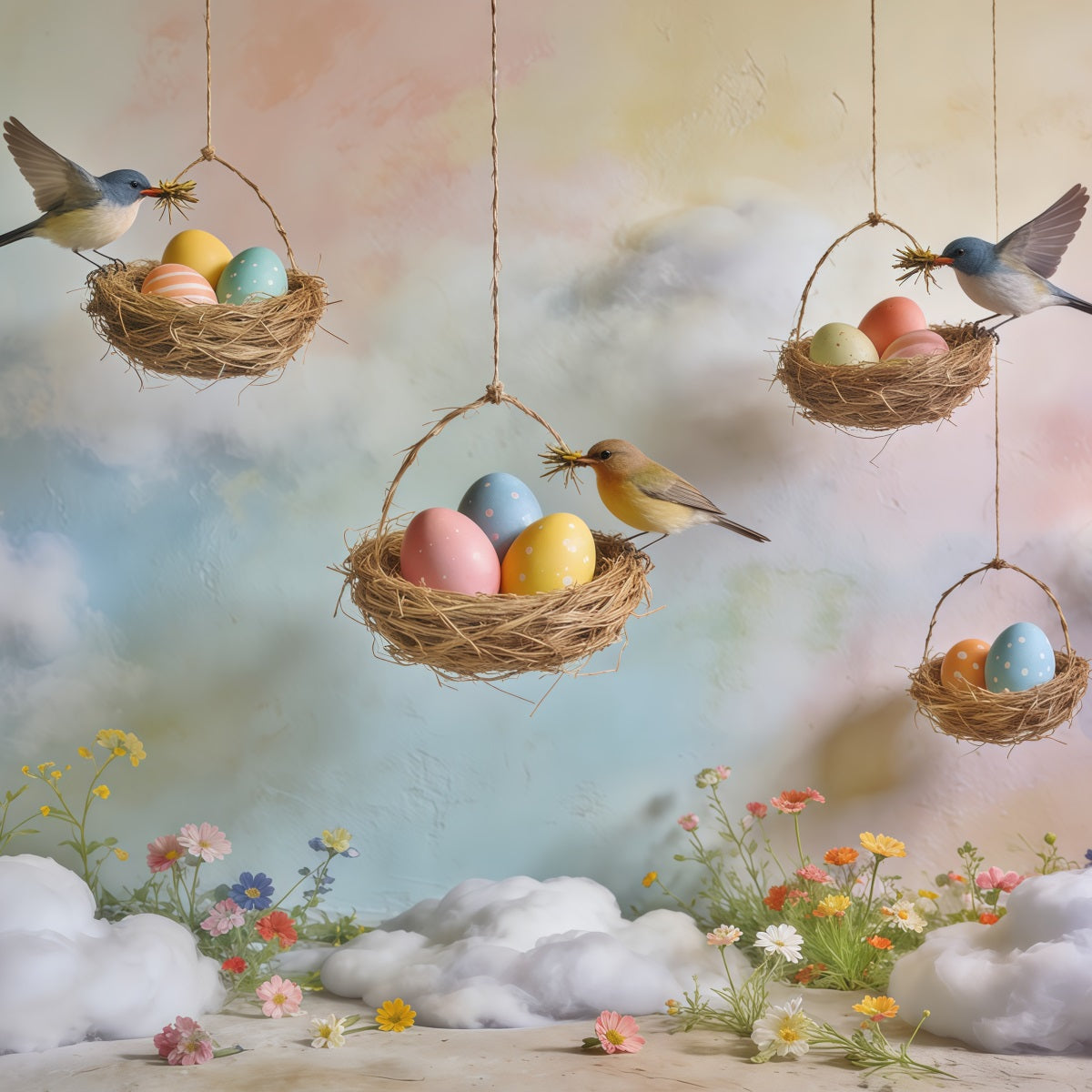 Frühlingshintergrund mit Vogelnest, Eiernest, pastellfarbenem Himmel und Wildblumen, Frühlingshintergrund CSH61-164
