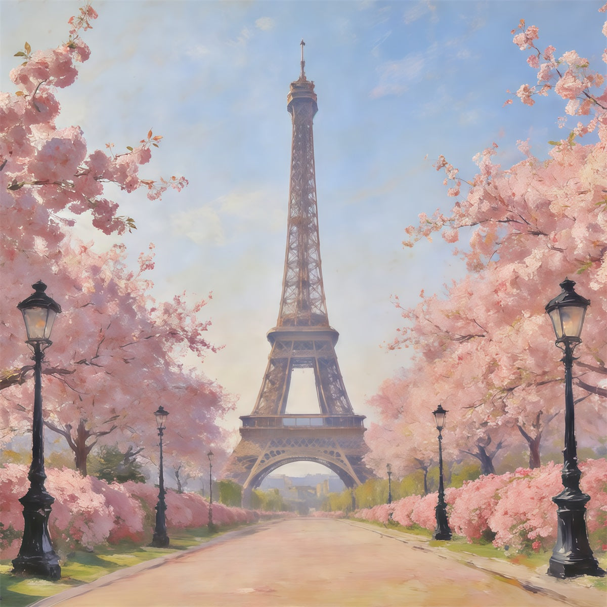 Frühlingsölgemälde-Hintergrund Paris Kirschblütenallee Foto-Hintergrund Frühling CSH61-167
