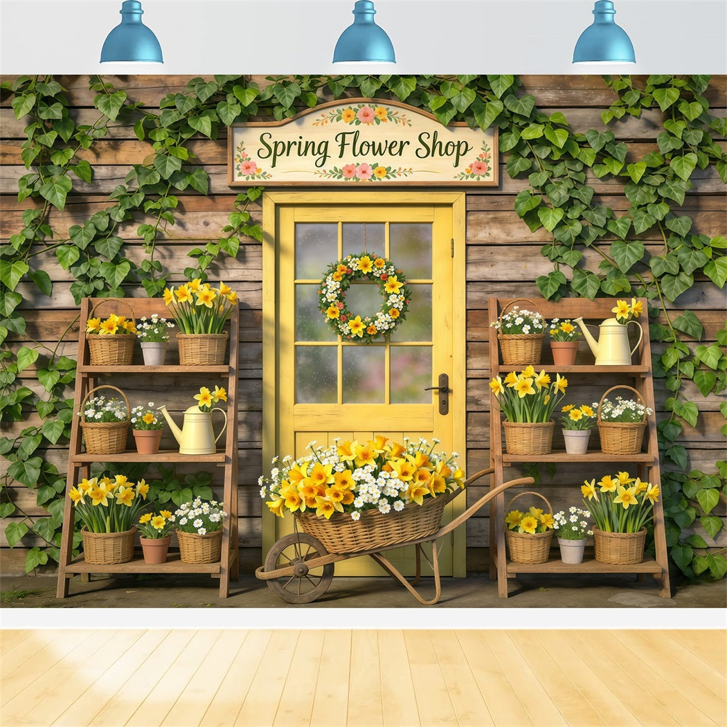 Frühlingsblumenladen-Hintergrund Gelbe Tür Blumenkörbe Frühlingsmotiv-Hintergrund CSH61-169