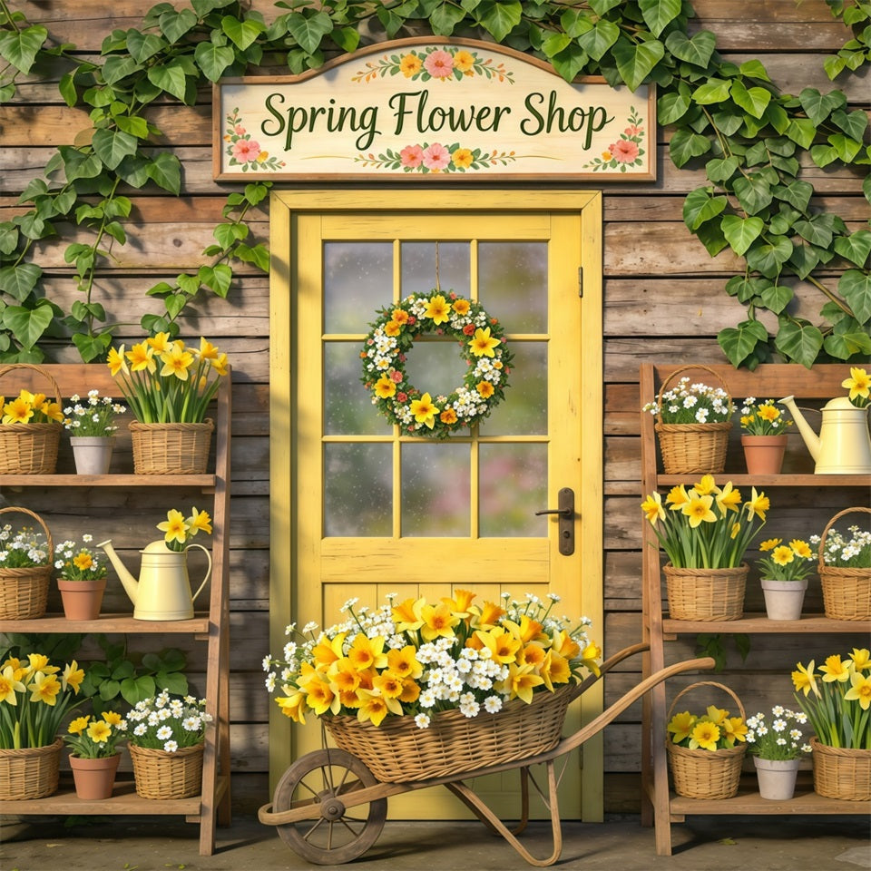 Frühlingsblumenladen-Hintergrund Gelbe Tür Blumenkörbe Frühlingsmotiv-Hintergrund CSH61-169