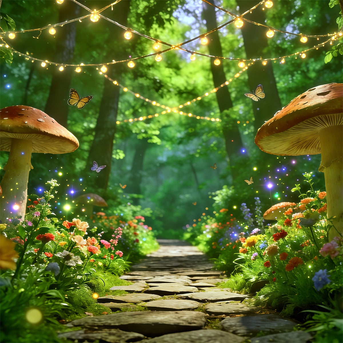 Frühlingswaldweg-Hintergrund Verzauberter Pilz-Lichtweg Frühlingsbild-Hintergrund CSH61-170