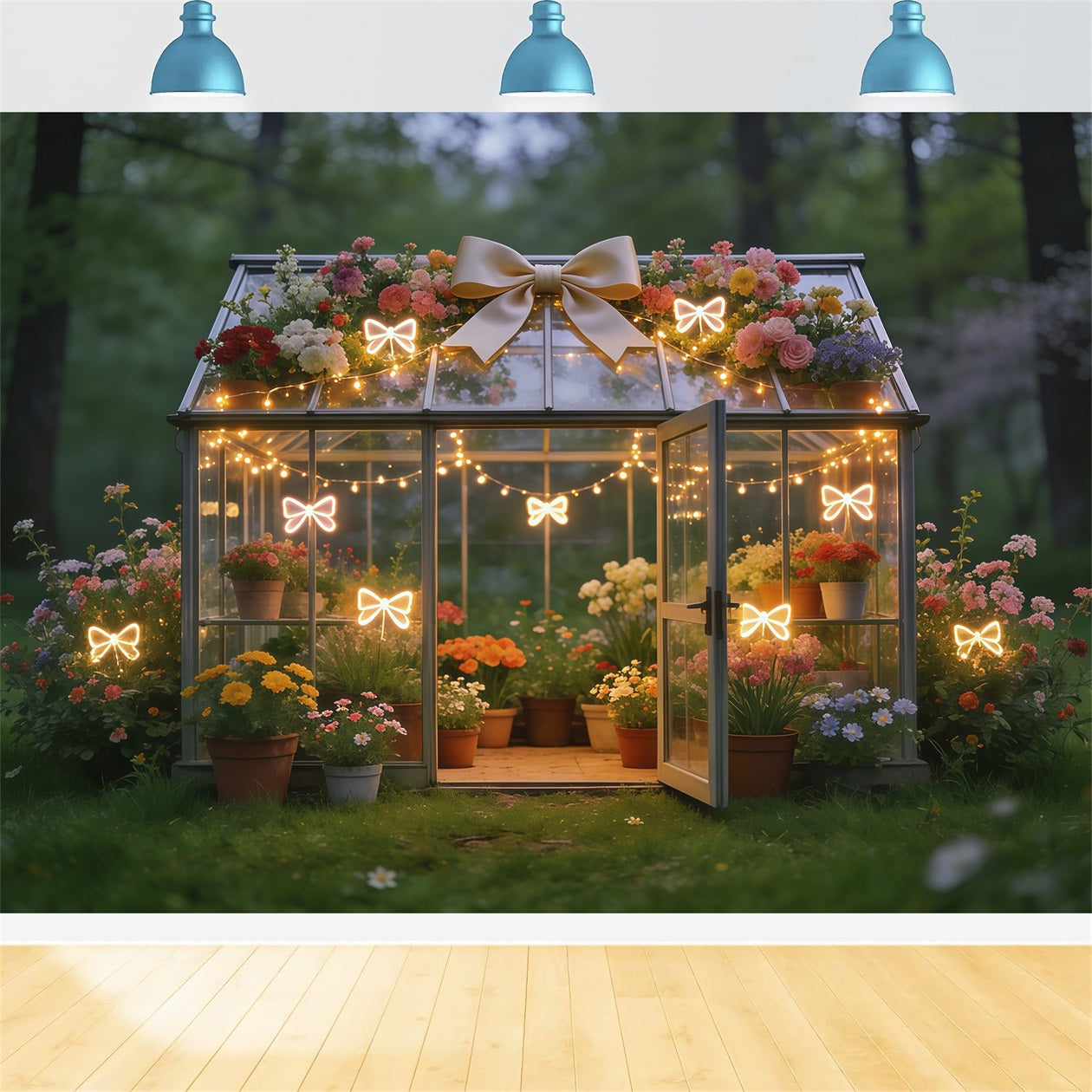 Frühlingsgewächshaus-Hintergrund Leuchtende Schleife Garten Blumen-Frühlingshintergründe CSH61-171