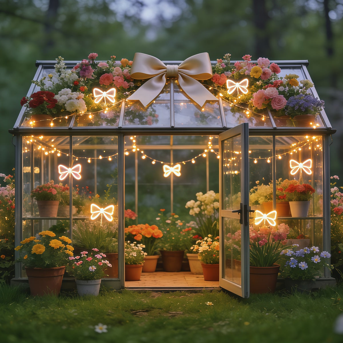 Frühlingsgewächshaus-Hintergrund Leuchtende Schleife Garten Blumen-Frühlingshintergründe CSH61-171