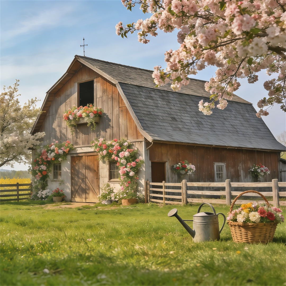 Frühlingsscheune-Hintergrund Rustikales Bauernhaus Blütenwiese Frühlingshintergründe für die Fotografie CSH61-172
