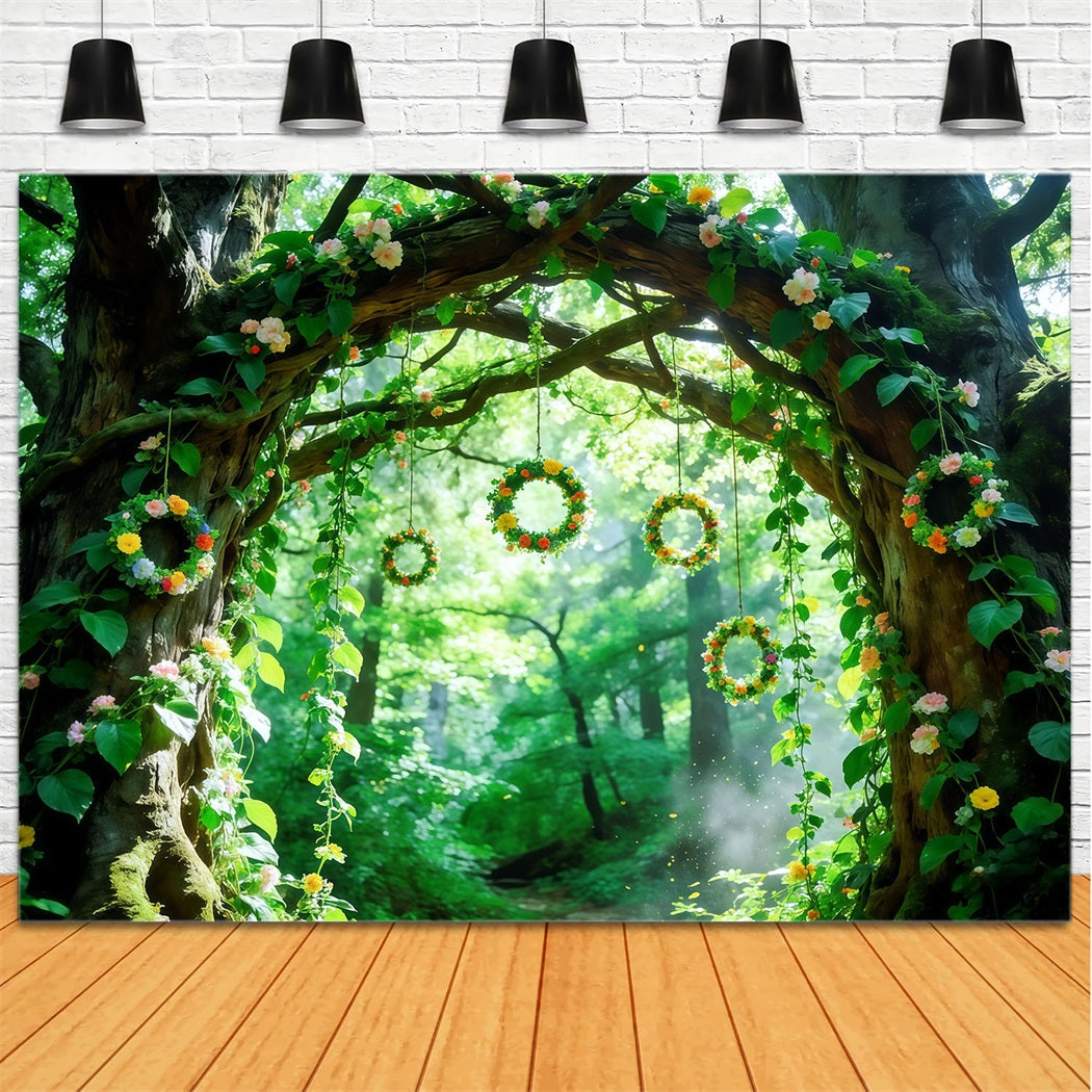Grüner Waldhintergrund Blumenranken Baumbogen Waldhintergrund Fotografie CSH61-202
