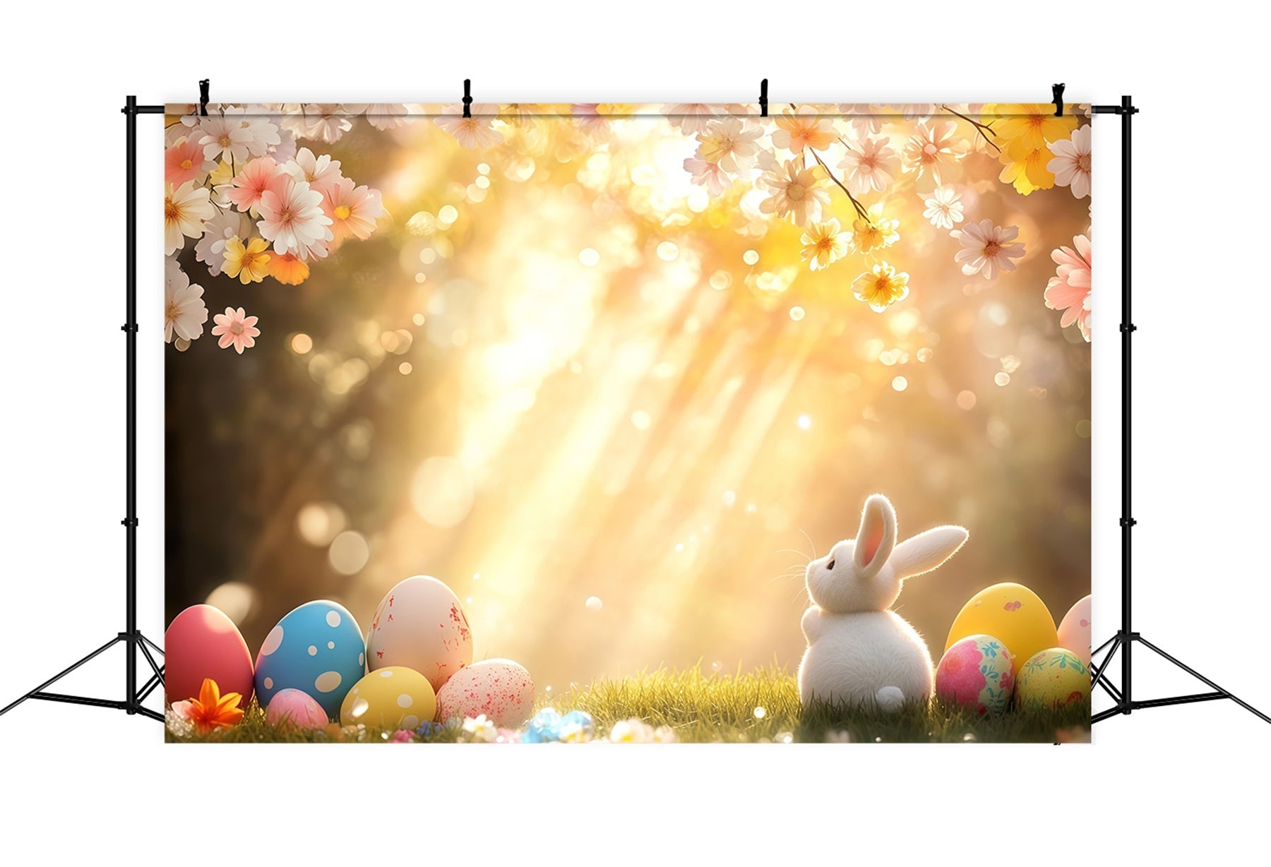 Osterhasen-Hintergrund Sonnige Blüten Eier Wiese Oster-Fotohintergrund CSH61-22