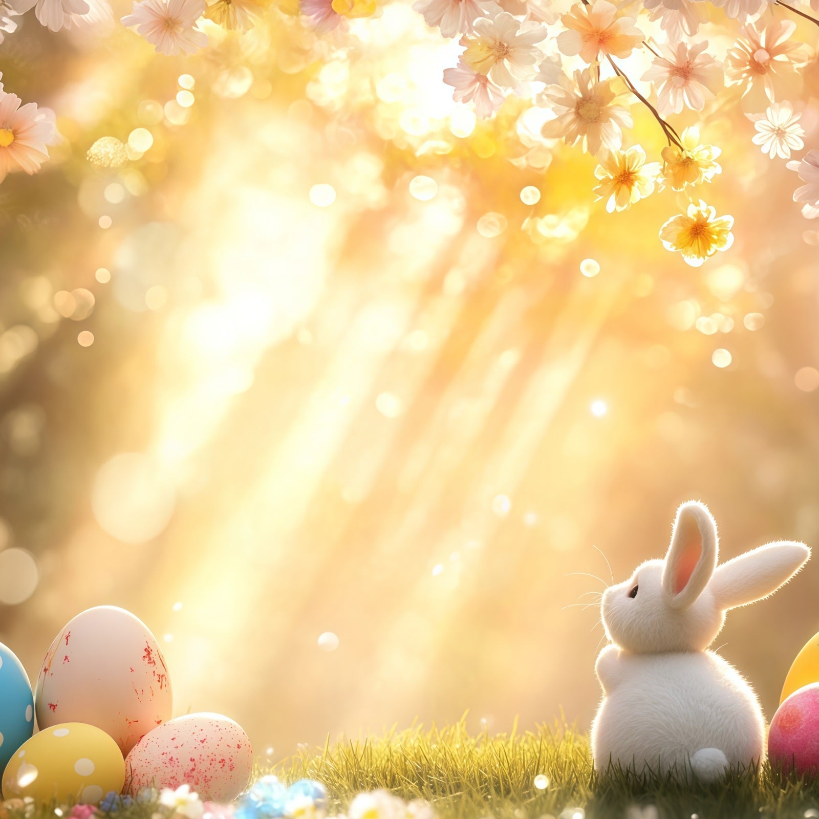 Osterhasen-Hintergrund Sonnige Blüten Eier Wiese Oster-Fotohintergrund CSH61-22