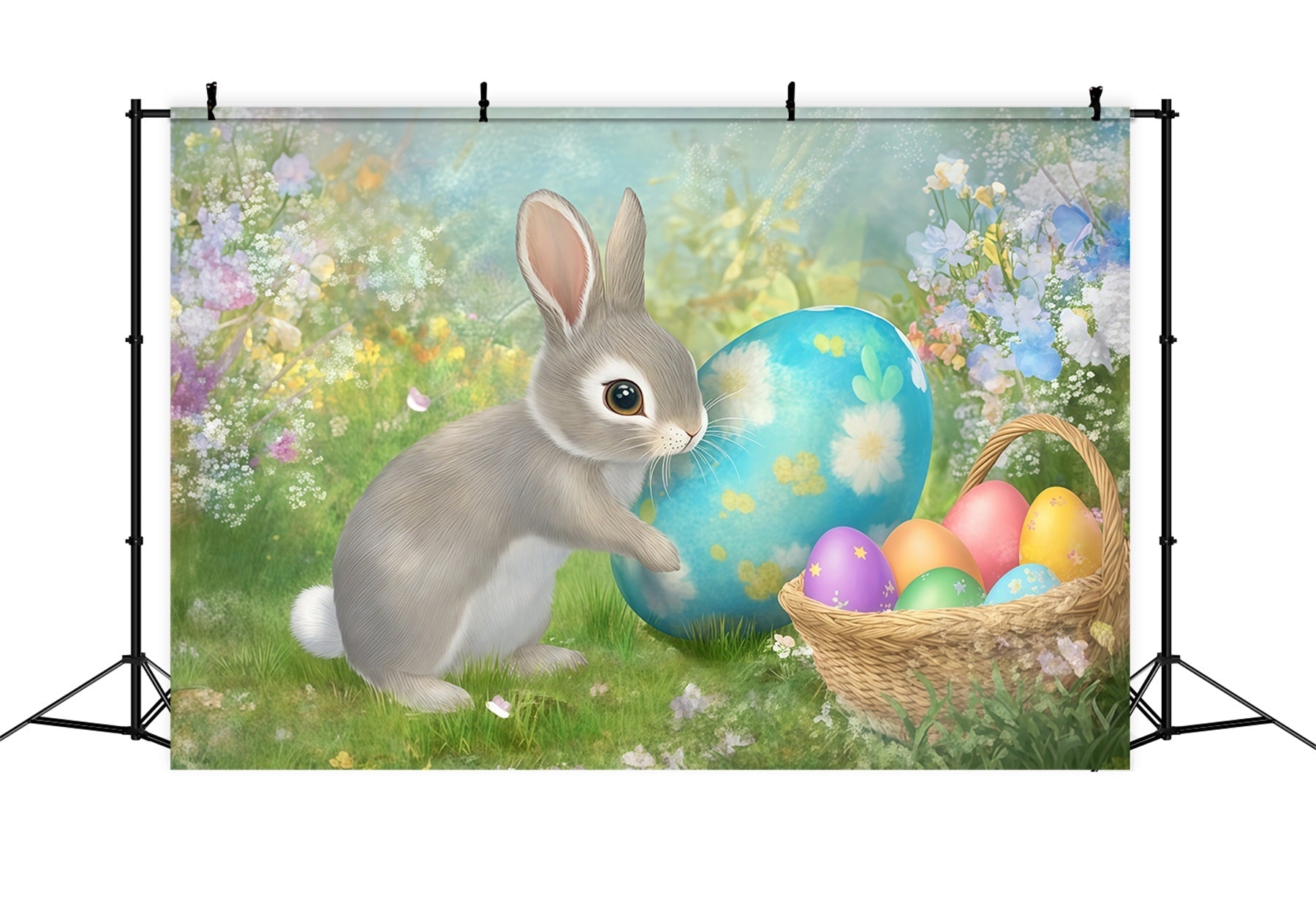 Hintergrund mit Osterhasen Bemalter Eierkorb Frühlingsblumen Hintergrund Ostern CSH61-28
