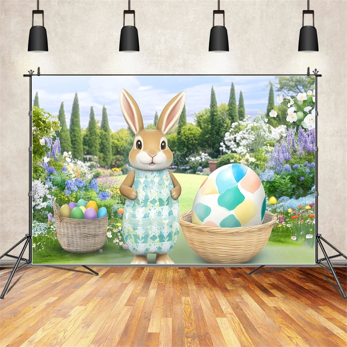 Hintergrund mit Osterhasen Gartenblumen Eierkorb Hintergrund Ostern CSH61-29