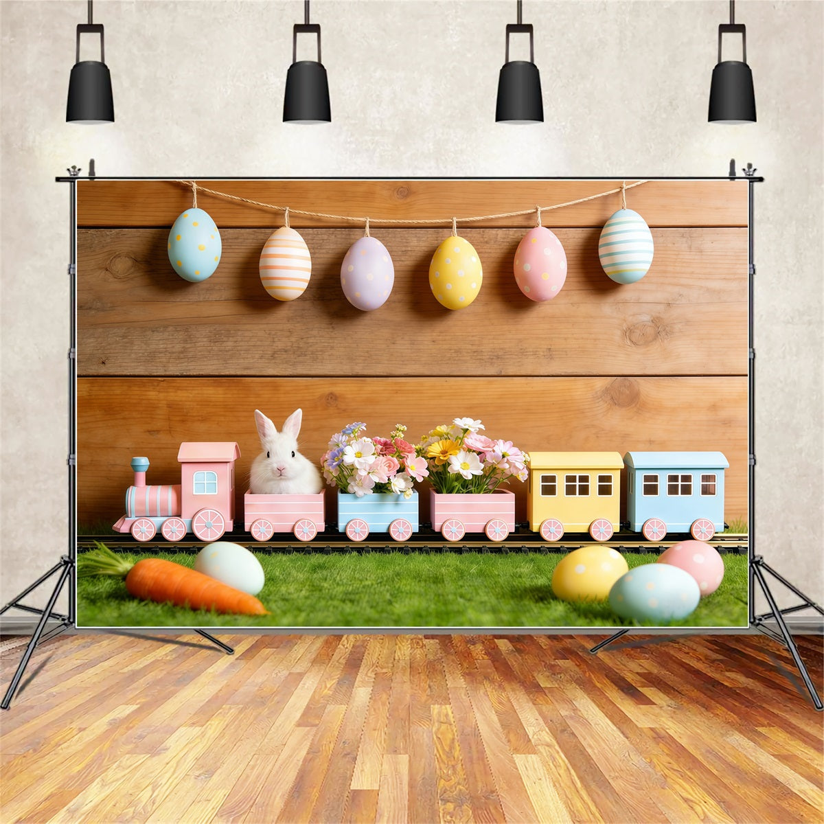 Hintergrund mit Osterhasen Pastellfarbene Eiergirlande Holzwand Ostern Hintergrund für Fotos CSH61-30