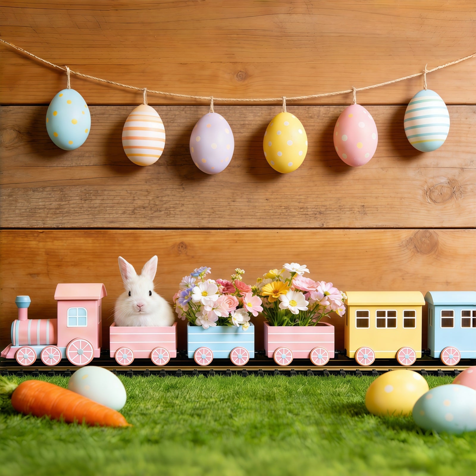 Hintergrund mit Osterhasen Pastellfarbene Eiergirlande Holzwand Ostern Hintergrund für Fotos CSH61-30