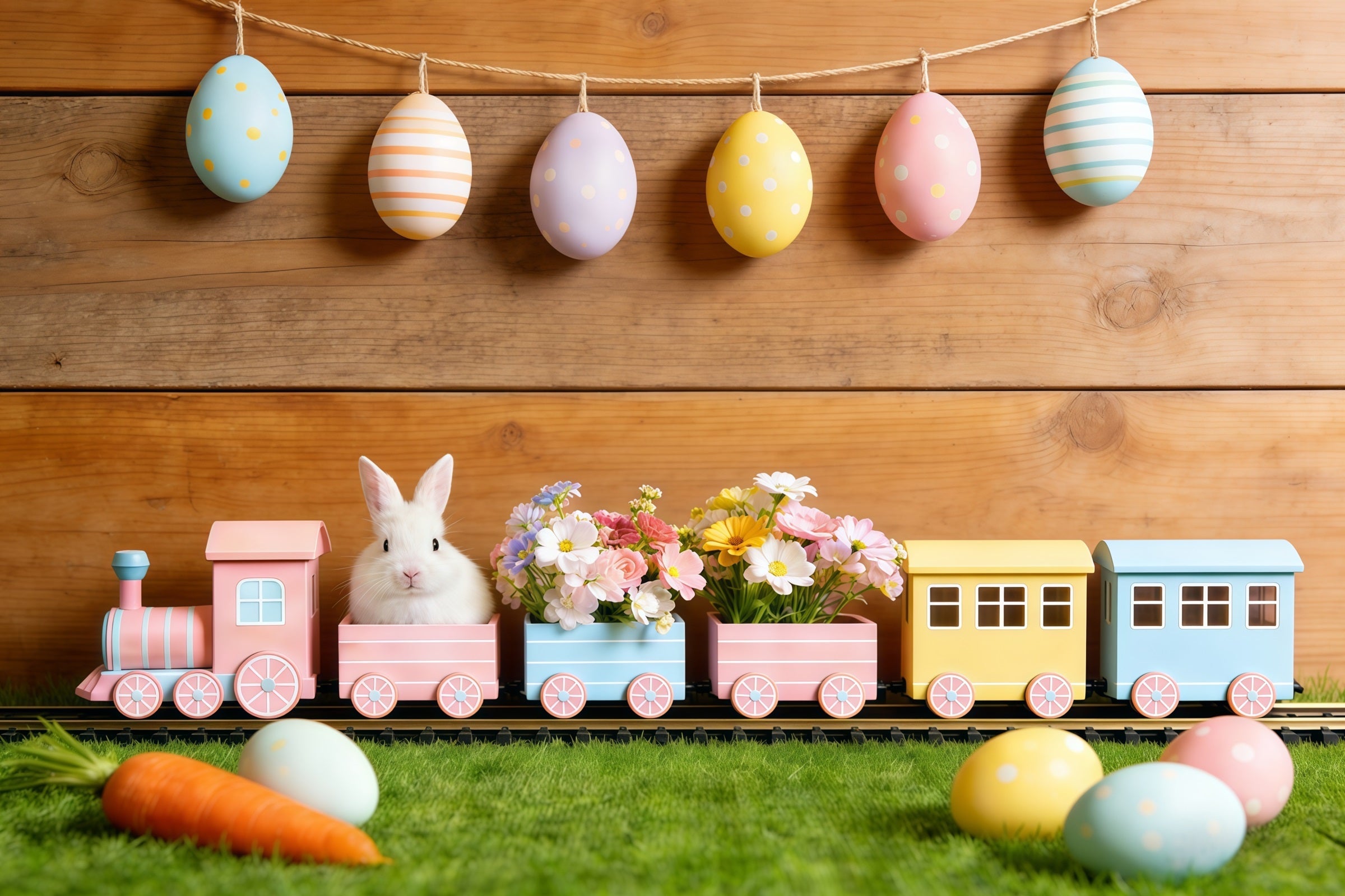 Hintergrund mit Osterhasen Pastellfarbene Eiergirlande Holzwand Ostern Hintergrund für Fotos CSH61-30