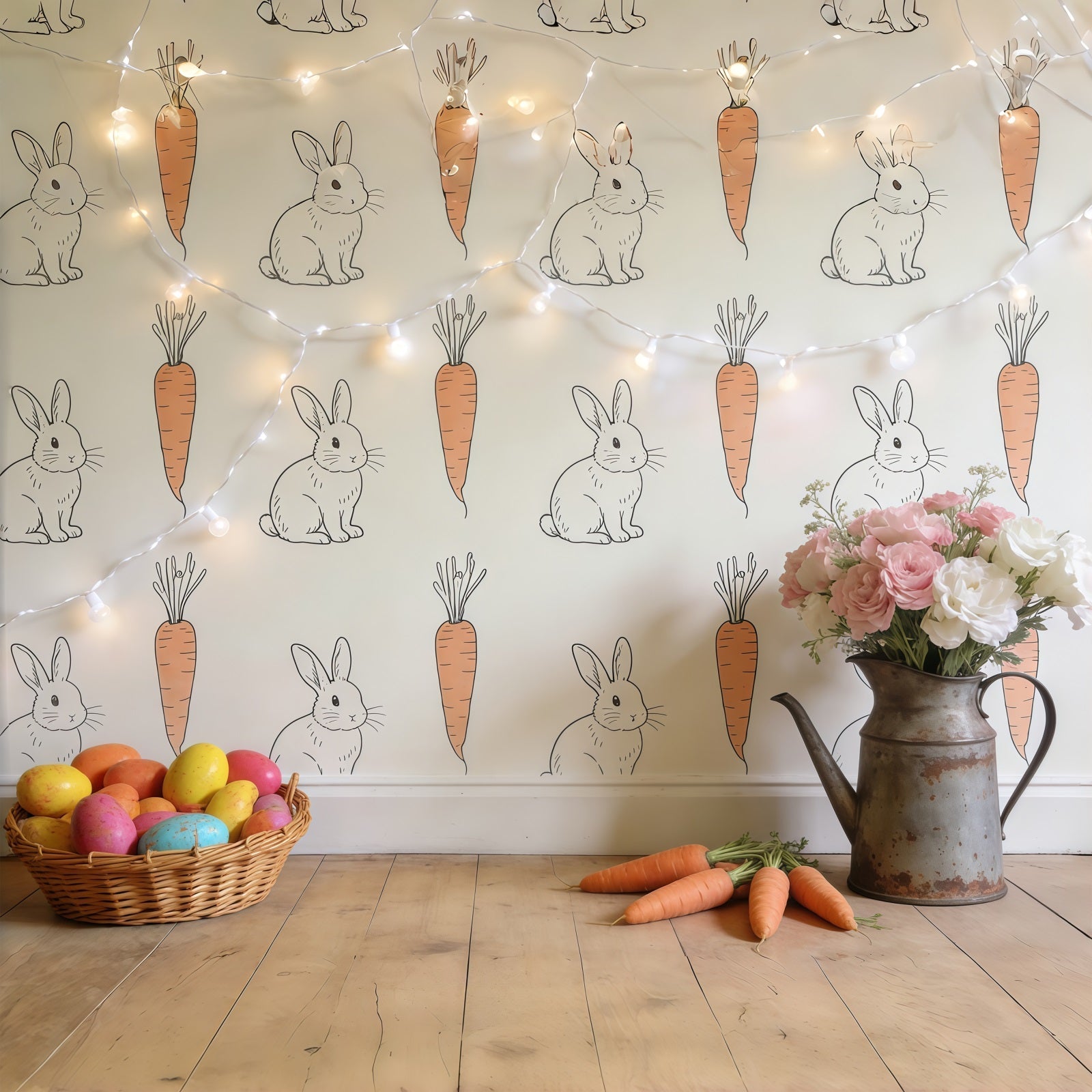 Osterhase-Fotohintergrund Rustikaler Hase Karotten-Tapete Ideen für Oster-Fotohintergründe CSH61-34