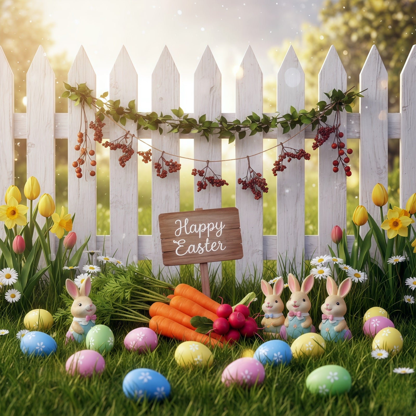 Osterhase-Fotohintergrund Frühlingsgarten Zaun Karotten Ideen für Oster-Fotohintergründe CSH61-35