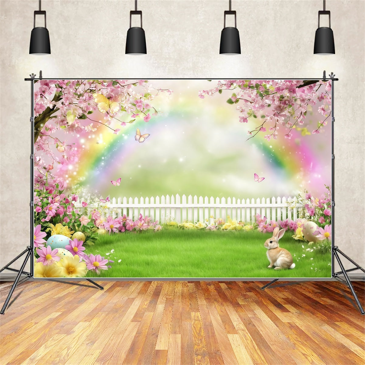 Osterhase-Fotohintergrund Regenbogenblüten Wiesenblumen Oster-Fotohintergrund CSH61-36
