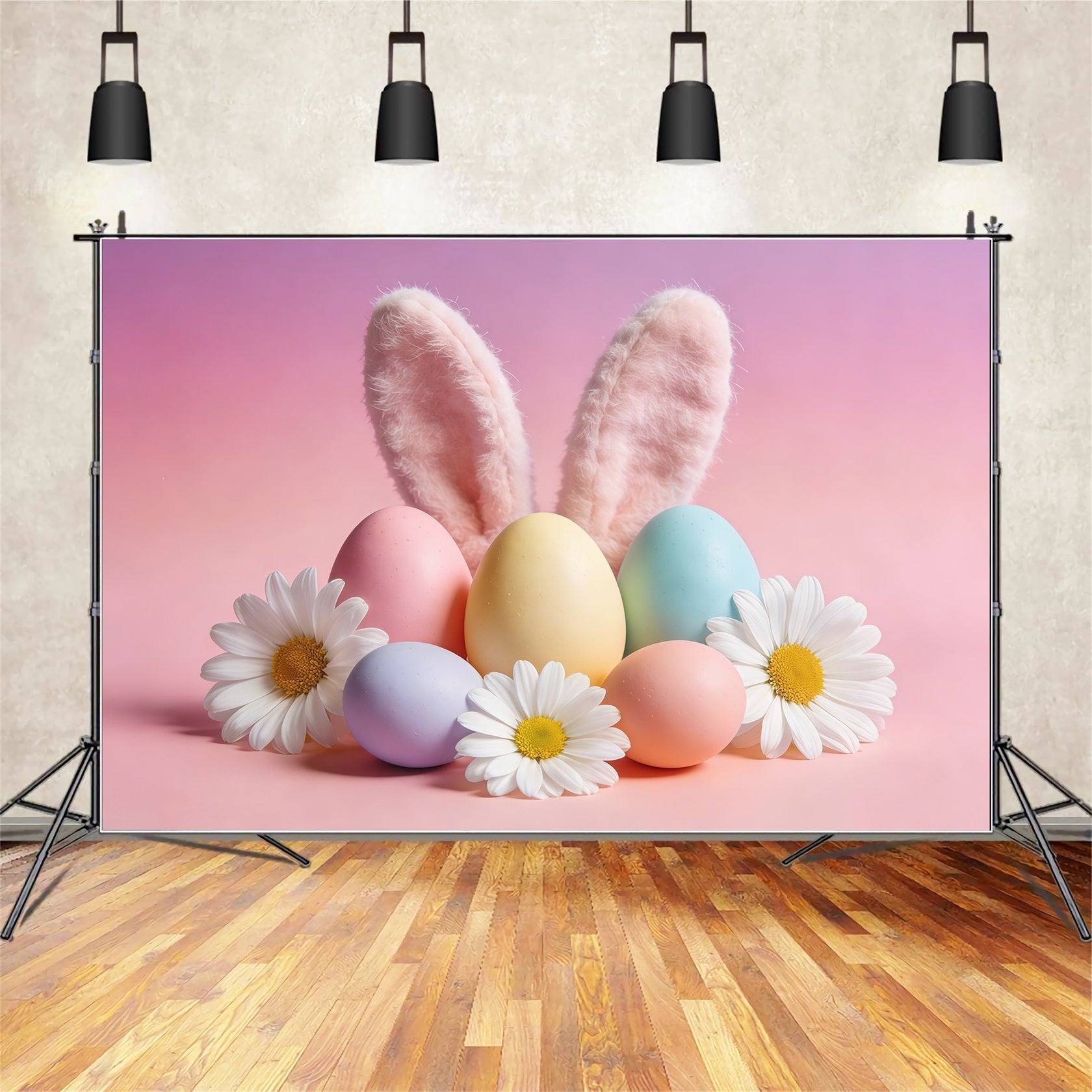 Ideen für Osterhasen-Hintergründe Ohren Pastellfarbene Eier Gänseblümchen Oster-Fotohintergründe CSH61-49