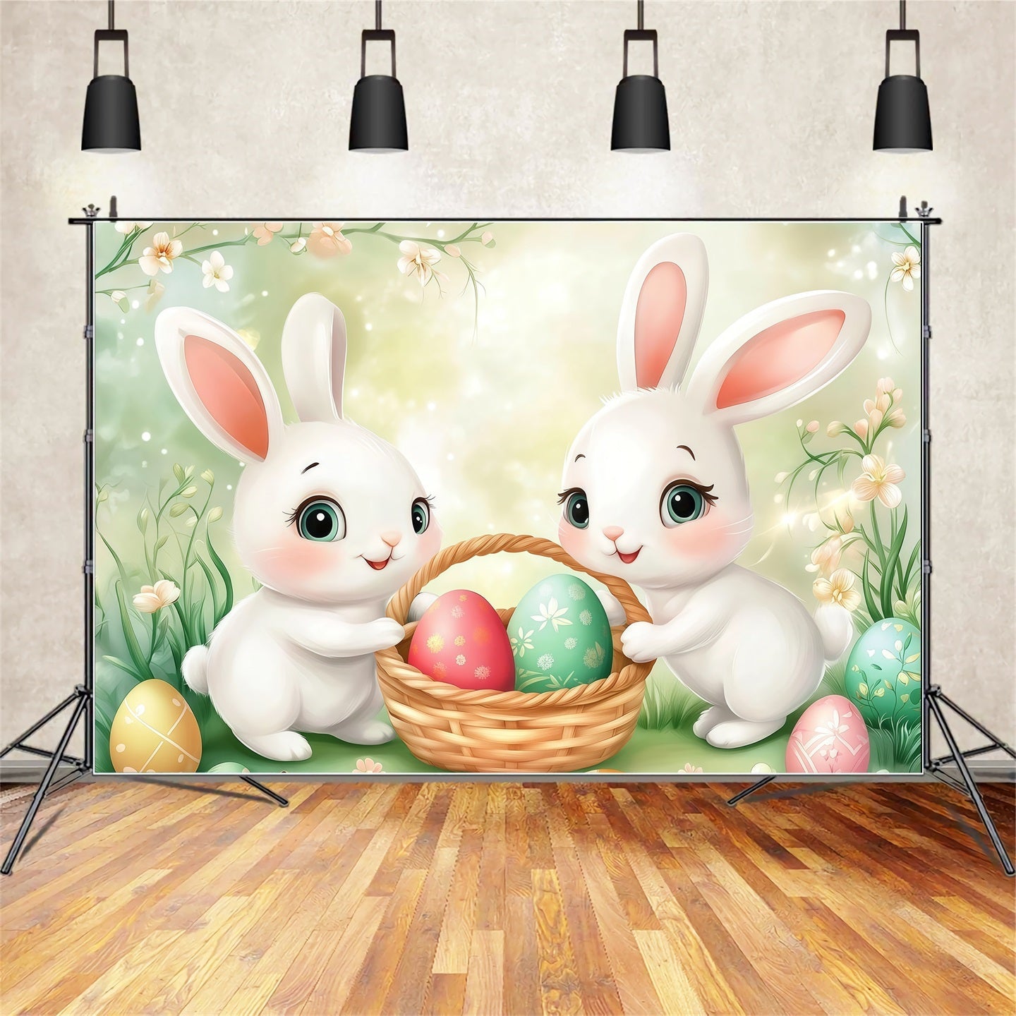 Hintergrund für Ostereiersuche Cartoon-Hase Korb Wiese Osterbilder-Hintergründe CSH61-50