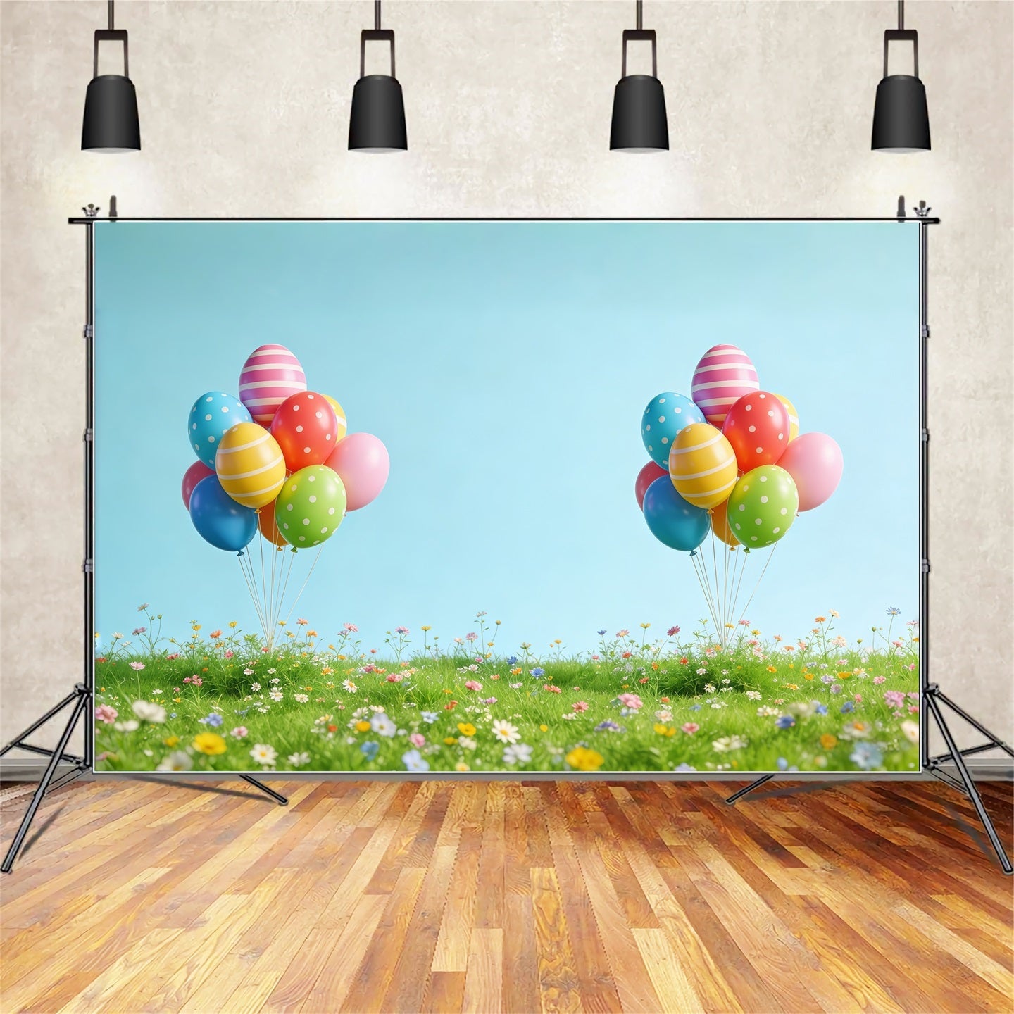 Hintergrund für Ostereiersuche Frühlingsballon Wiese Wildblumen Osterfotos-Hintergründe CSH61-52