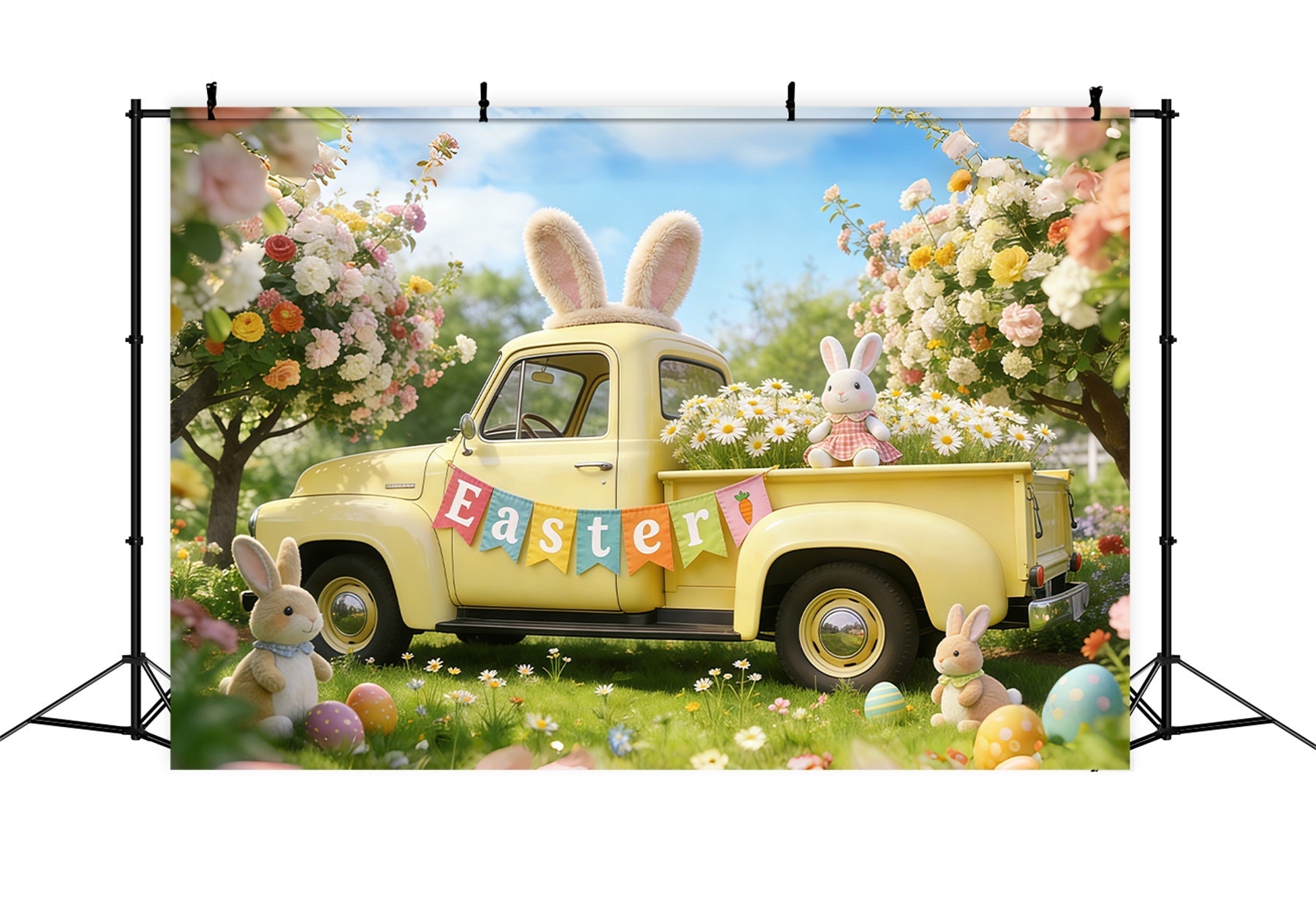 Osterhase-Hintergrund für Fotos Frühlingsblüten Pickup-Truck Oster-Hintergründe für Fotografie CSH61-54