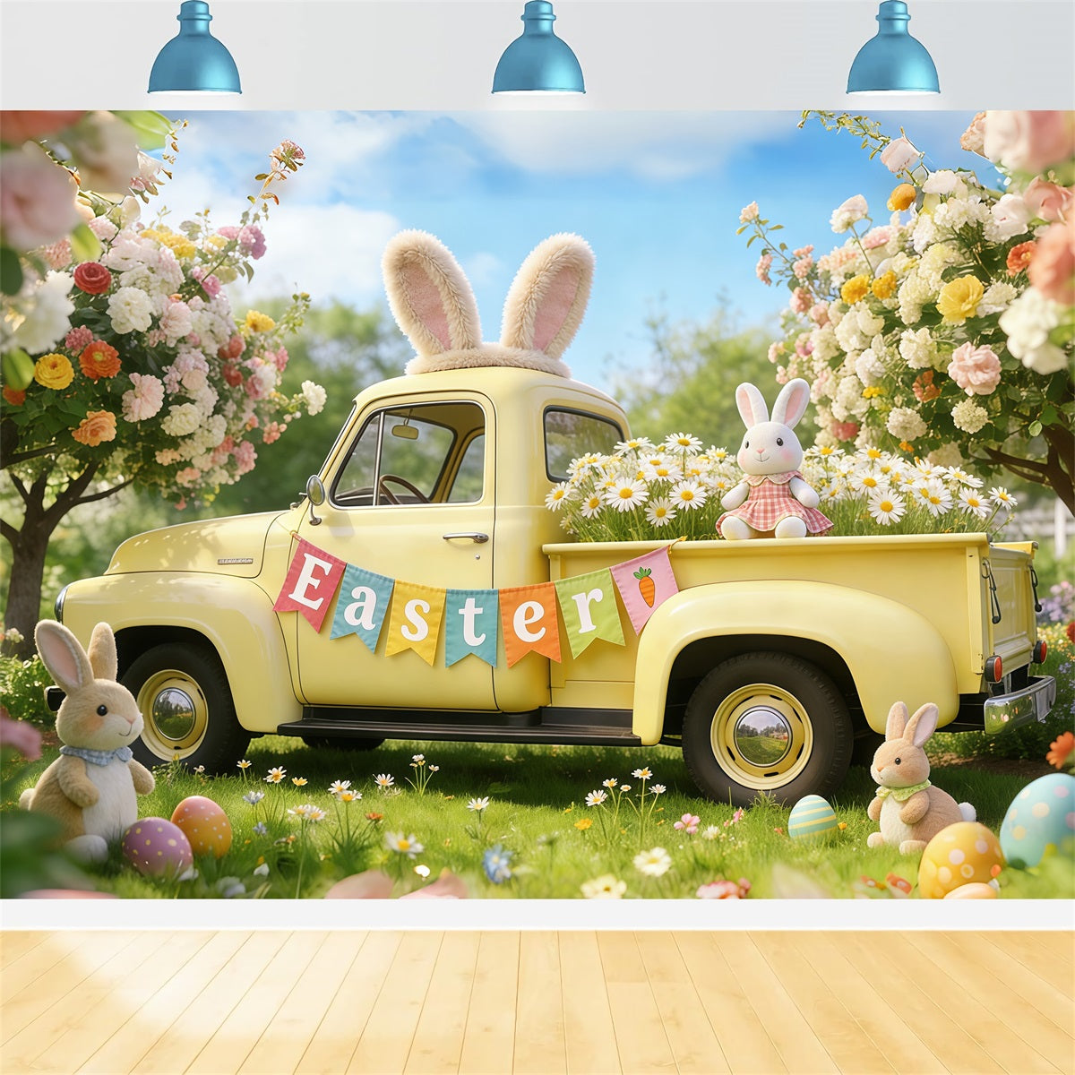 Osterhase-Hintergrund für Fotos Frühlingsblüten Pickup-Truck Oster-Hintergründe für Fotografie CSH61-54